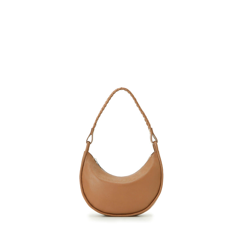 Eriko Yamaguchi Round Moon 2-Way leather handbag in Camel front view