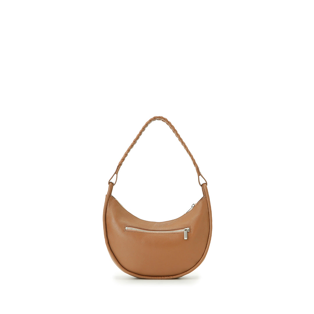 Eriko Yamaguchi Round Moon 2-Way leather handbag in Camel back view