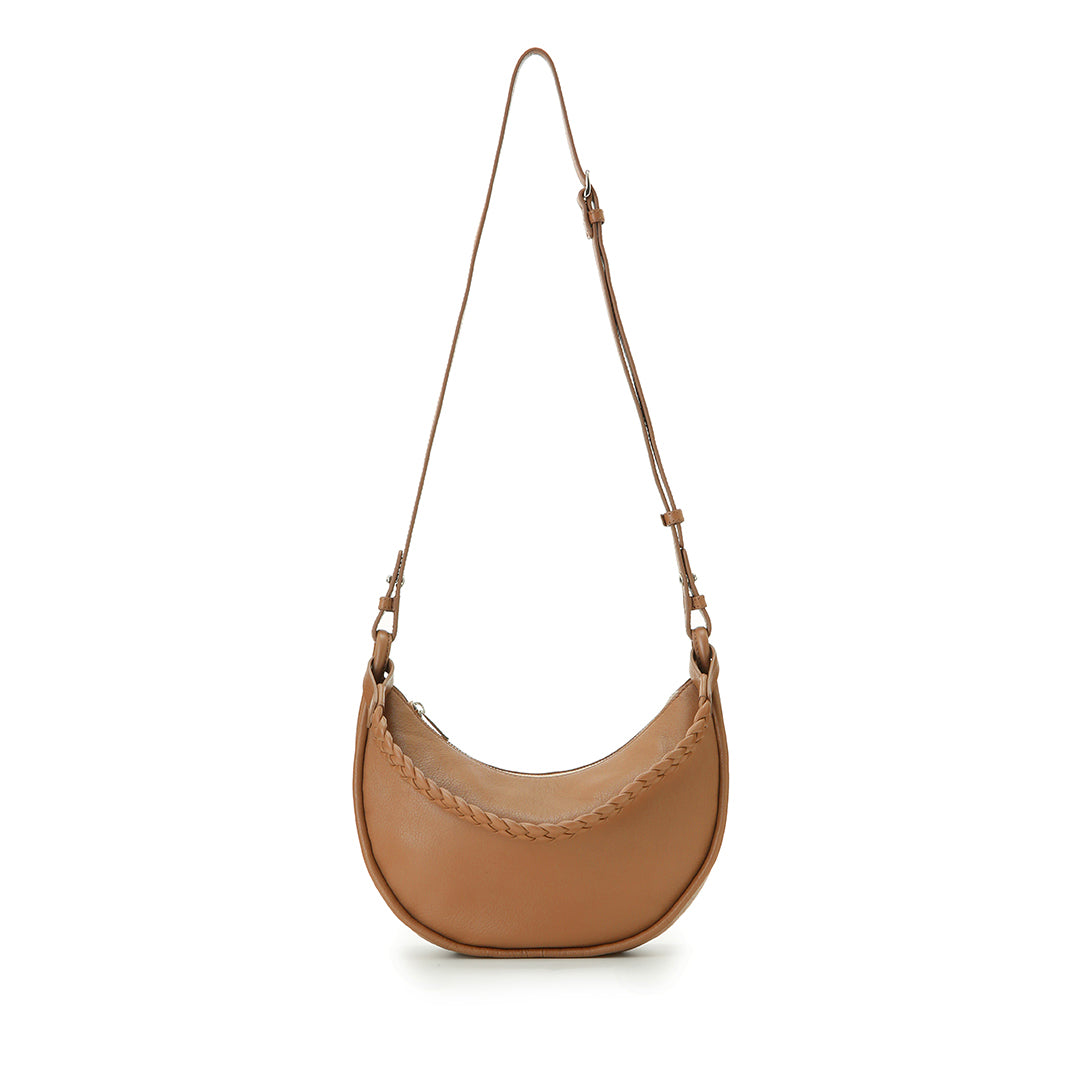 Eriko Yamaguchi Round Moon 2-Way leather handbag in Camel view with braided strap