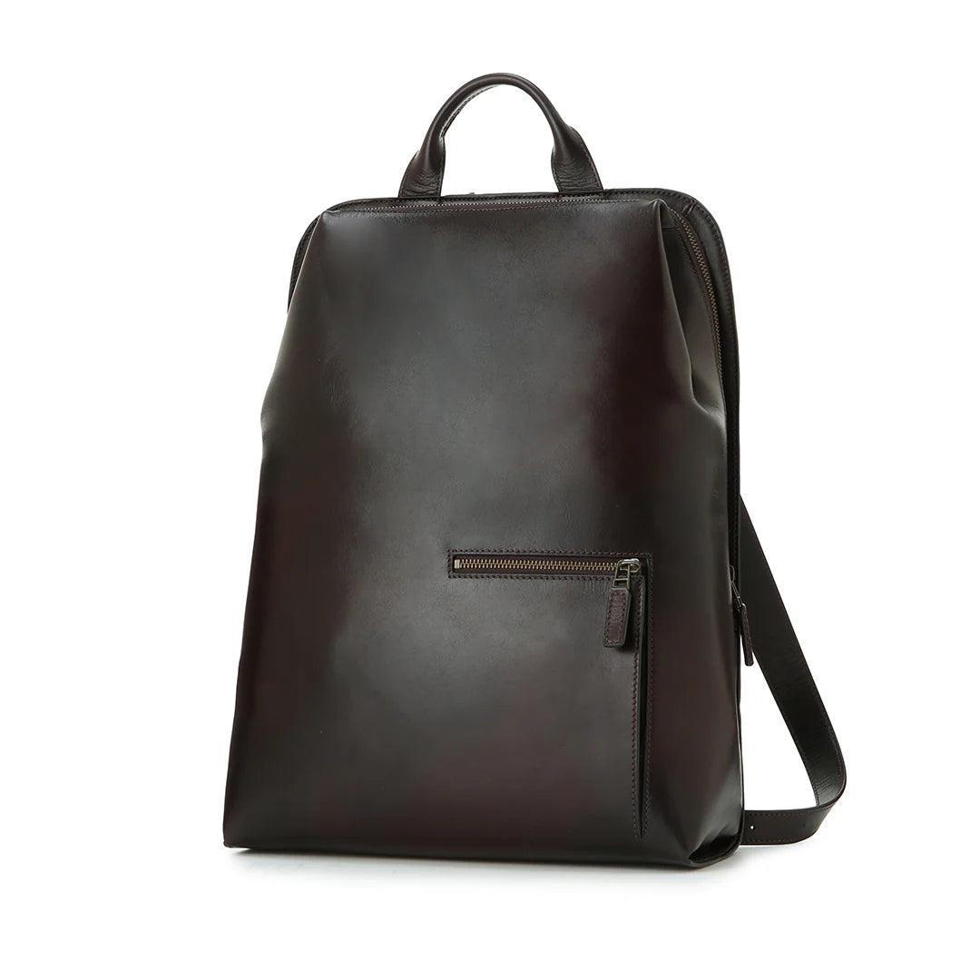 Eriko Yamaguchi Antique Dark Brown Leather Triangle Backpack front angle view