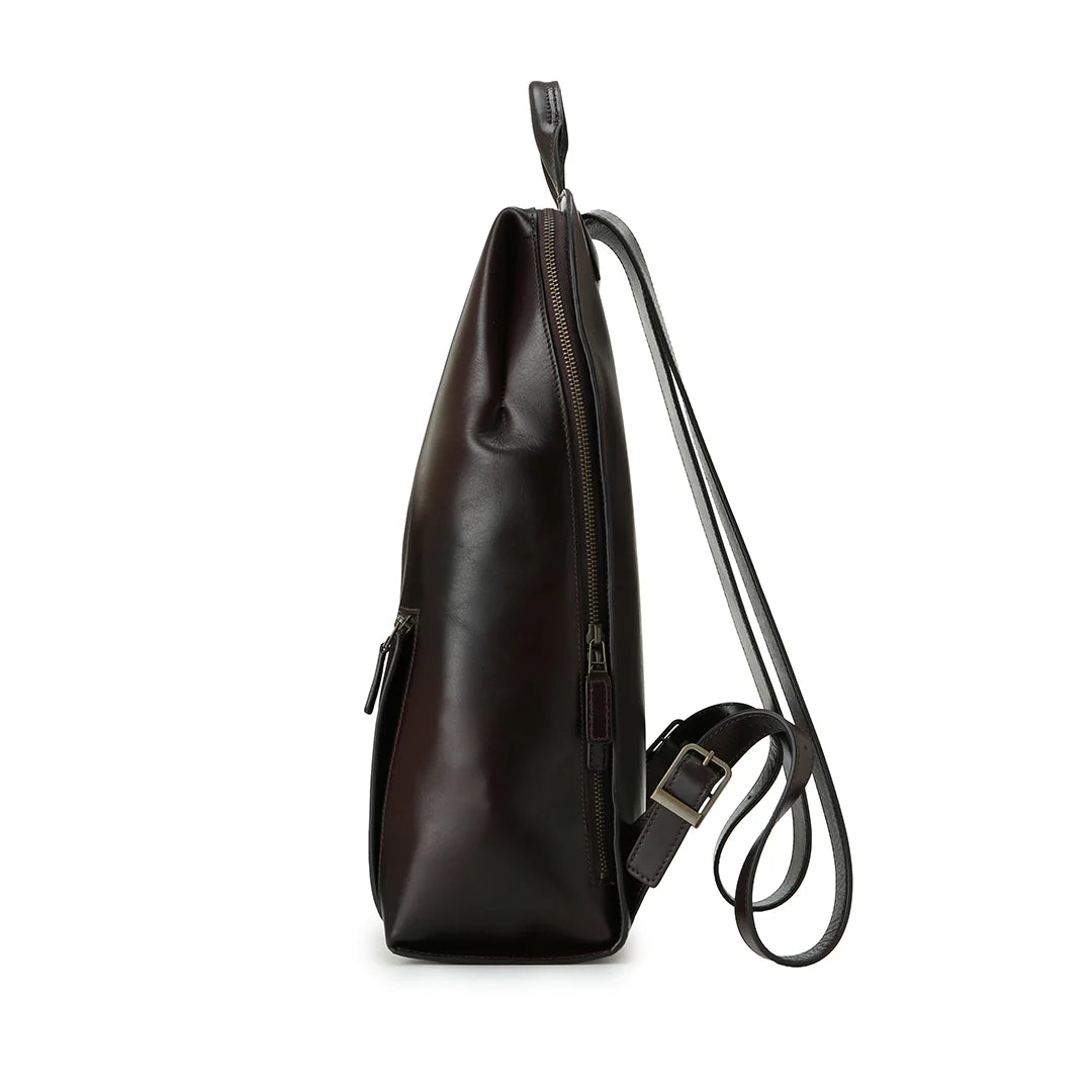 Eriko Yamaguchi Antique Dark Brown Leather Triangle Backpack side view